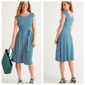 Boden Esmeralda Jersey Dress Women's size 14 Geometric Green Blue